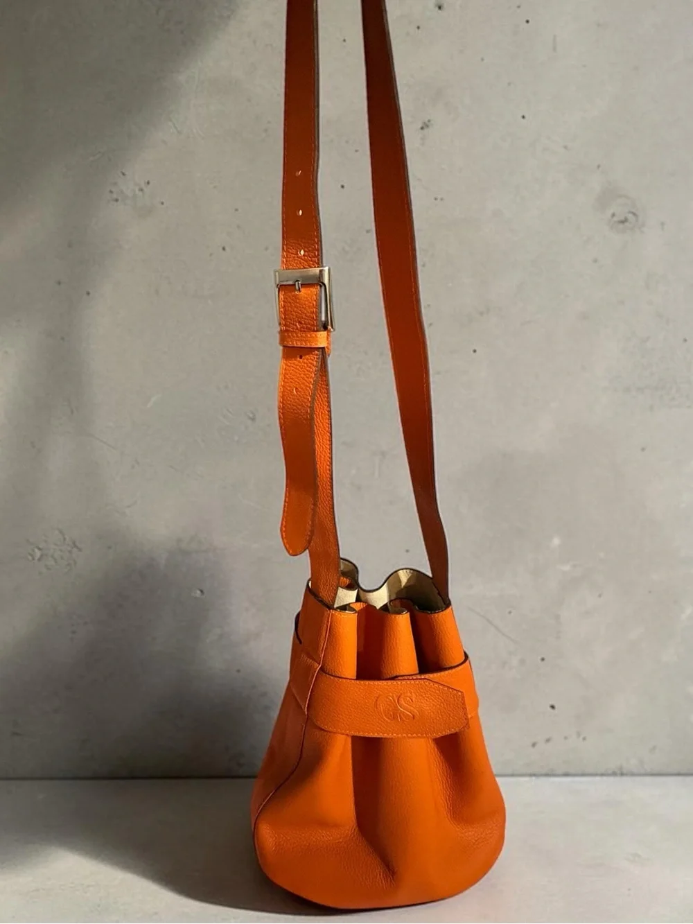 Leather Bucket Crossbody Bag - Orange